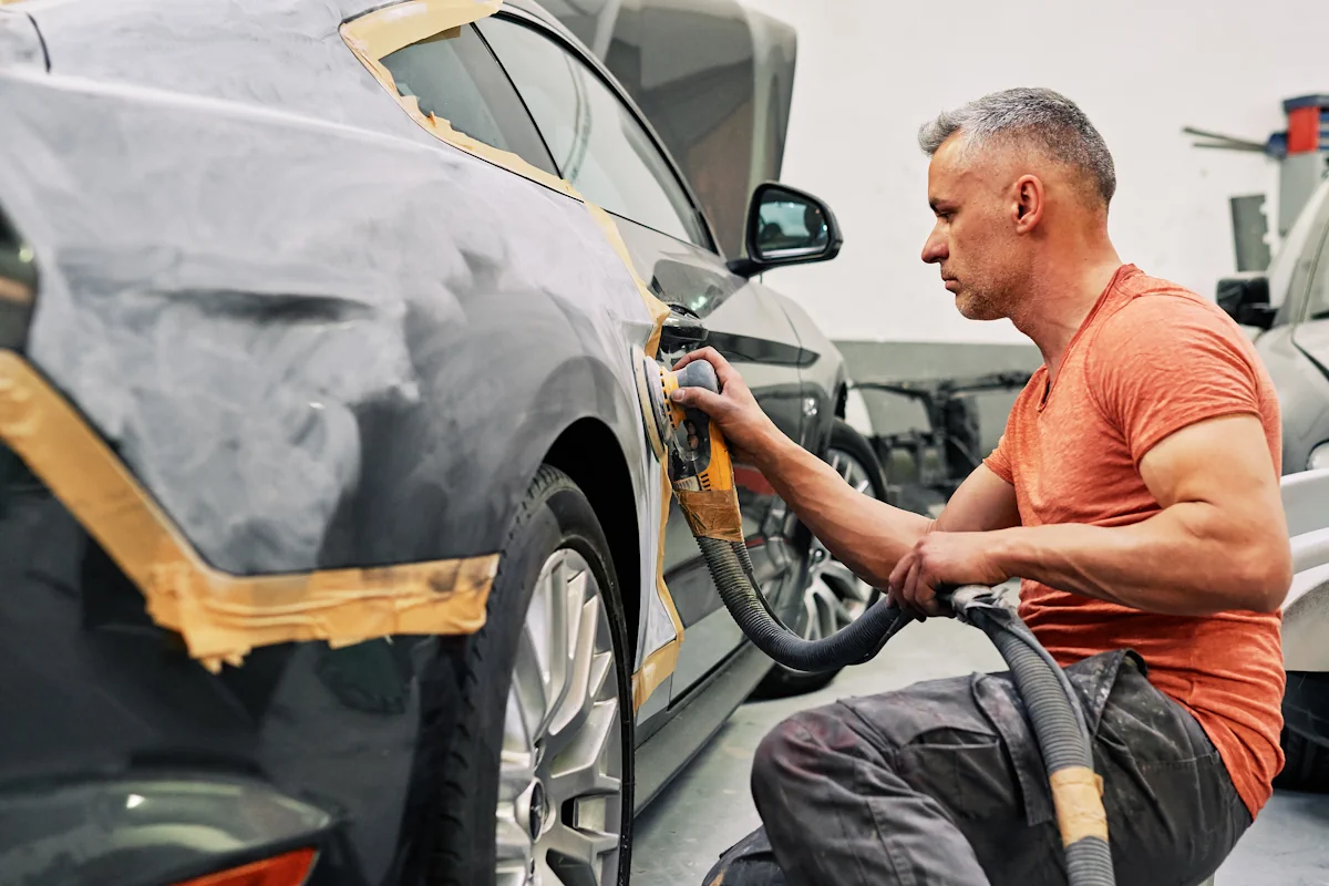 Un carrossier à domicile  qui répare une voiture en extérieure